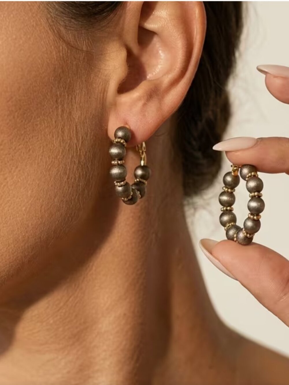 NEW Shandra Luxe Gray and Gold Beaded Hoop Earrings Minimalist Neutral